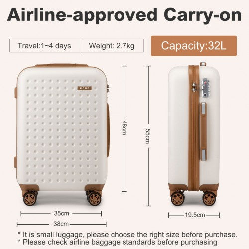 KSK2486 - Kono Stylish ABS+PC 20 Inch Polka Dot Hard Shell Cabin Suitcase With TSA Lock - Cream And Brown | Neil's Luggage Store