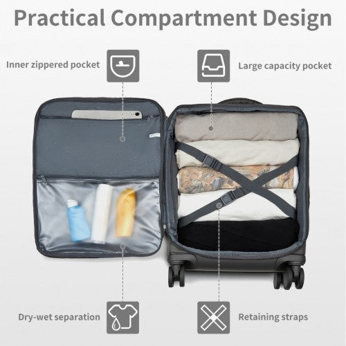 KSK2491 - Kono 20 Inch Lightweight Soft Shell Carry On Cabin Size Suitcase with TSA Lock and Separate Wet/Dry Compartment - Grey