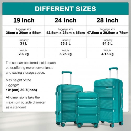KSK2492 - Kono 3-Piece PP Hardshell Luggage Set - Blue and Green | Neil's Luggage Store