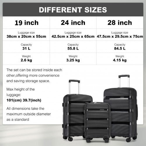 KSK2492 - Kono 3-Piece PP Hardshell Luggage Set - Black | Neil's Luggage Store