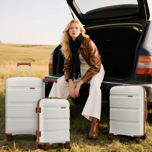 KSK2492 - Kono 28-Inch PP Hardshell Checked Luggage–Large Lightweight Suitcase with TSA Lock, 360° Spinner Wheels - Cream And Brown