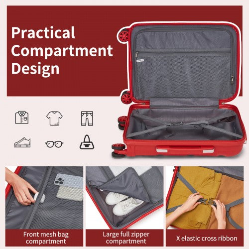 KSK2492 - Kono 19-Inch PP Hardshell Carry-On Suitcase–Lightweight Cabin Luggage with TSA Lock, 360° Silent Spinner Wheels - Red