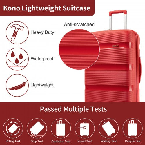 KSK2492 - Kono 24-Inch PP Hardshell Suitcase–Durable Checked Luggage with TSA Lock & 360° Spinner Silent Wheels - Red