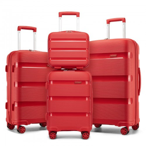 KSK2492 - Kono 4-Piece PP Hardshell Luggage Set–Durable Travel Suitcases with TSA Lock, 360° Spinner Wheels with Vanity Case - Red