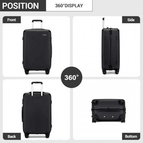 KSK2494 - Kono 3-Piece Minimalist Hard Shell ABS+PC Luggage Set with TSA Lock and 360° Spinner Wheels - Black