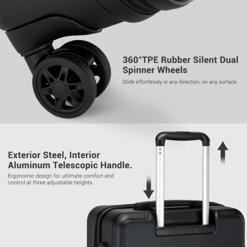 KSK2494 - Kono 3-Piece Minimalist Hard Shell ABS+PC Luggage Set with TSA Lock and 360° Spinner Wheels - Black