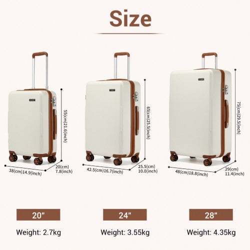 KSK2494 - Kono 3-Piece Minimalist Hard Shell ABS+PC Luggage Set with TSA Lock and 360° Spinner Wheels - Cream And Brown