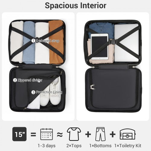 KSK2581 - Kono 15″ Lightweight ABS+PC Hard Shell Cabin Suitcase with Removable Spinner Wheels (45×30×20 cm) - Black