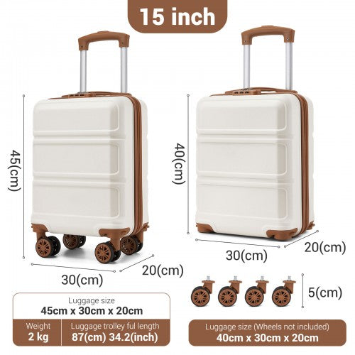 KSK2581 - Kono 15″ Lightweight ABS+PC Hard Shell Cabin Suitcase with Removable Spinner Wheels (45×30×20 cm) - Cream and Brown