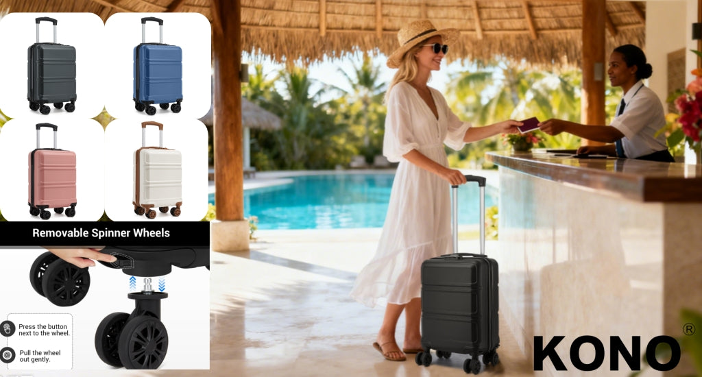 KSK2581 - Kono 15″ Lightweight ABS+PC Hard Shell Cabin Suitcase with Removable Spinner Wheels (45×30×20 cm) - Black