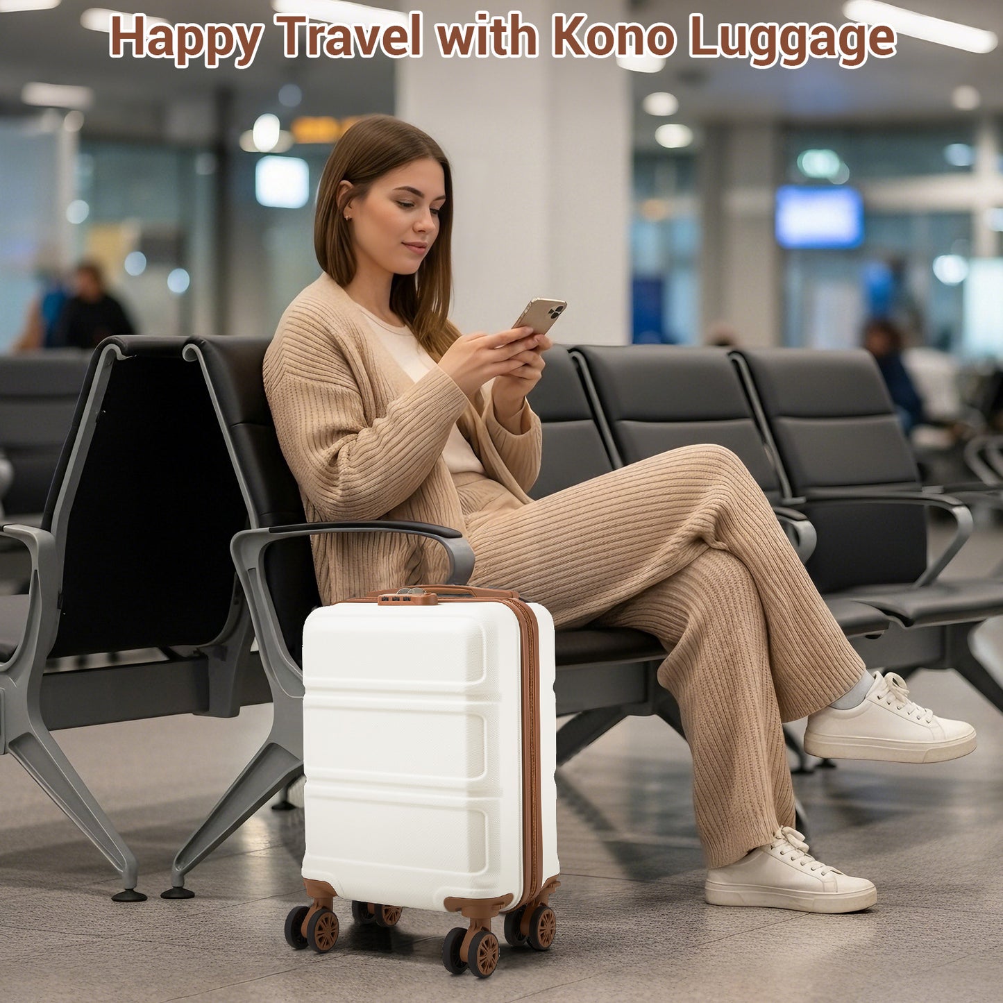 KSK2581 - Kono 15″ Lightweight ABS+PC Hard Shell Cabin Suitcase with Removable Spinner Wheels (45×30×20 cm) - Cream and Brown