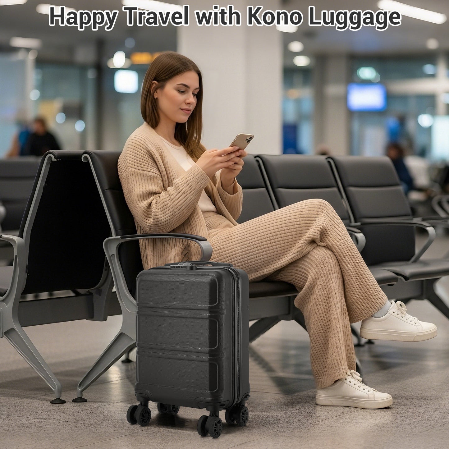 KSK2581 - Kono 15″ Lightweight ABS+PC Hard Shell Cabin Suitcase with Removable Spinner Wheels (45×30×20 cm) - Black