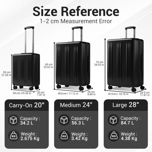 KSK2583 - Kono Premium ABS+PC 3-Piece Hard Shell Luggage Set with TSA Lock & 360° Silent Spinner Wheels - Black