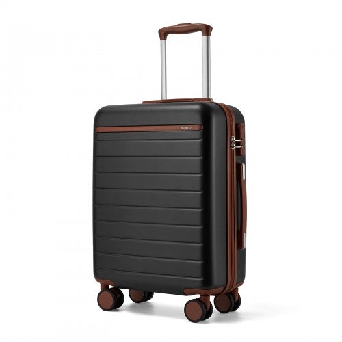 KSK2584 - Kono Scratch-Resistant 20-Inch Hard Shell Cabin Suitcase with Horizontal Stripe Design, Brown Accents & Spinner Wheels - Black and Brown | Neil's Luggage Store