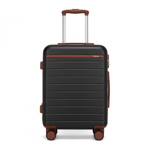 KSK2584 - Kono Scratch-Resistant 20-Inch Hard Shell Cabin Suitcase with Horizontal Stripe Design, Brown Accents & Spinner Wheels - Black and Brown