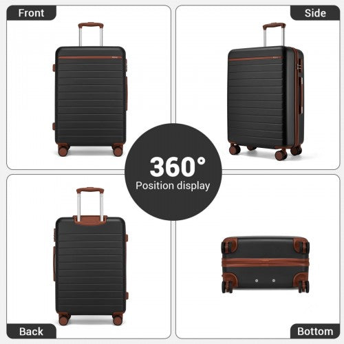 KSK2584 - Kono Scratch-Resistant 24-Inch Hard Shell Medium Check-In Suitcase with Horizontal Stripe Design, Brown Accents & Spinner Wheels - Black and Brown