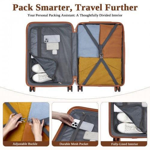 KSK2584 - Kono Scratch-Resistant 3-Piece Hard Shell Luggage Set with Horizontal Stripe Design, Brown Accents & Spinner Wheels - Black and Brown | Neil's Luggage Store