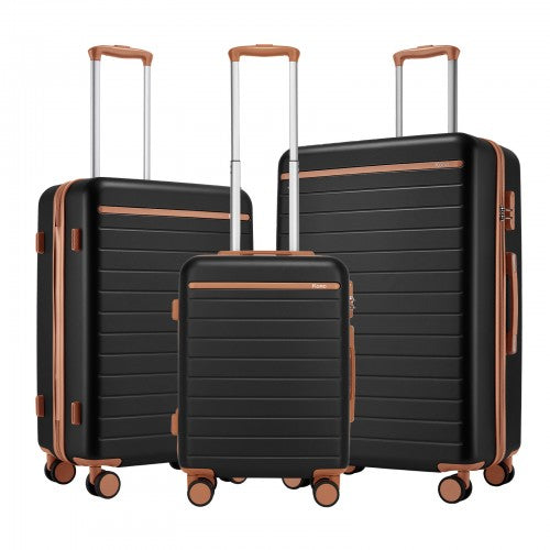 KSK2584 - Kono Scratch-Resistant 3-Piece Hard Shell Luggage Set with Horizontal Stripe Design, Brown Accents & Spinner Wheels - Black and Brown | Neil's Luggage Store