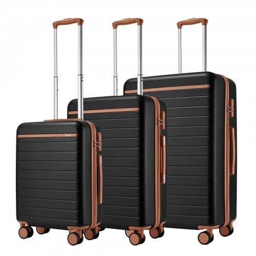 KSK2584 - Kono Scratch-Resistant 3-Piece Hard Shell Luggage Set with Horizontal Stripe Design, Brown Accents & Spinner Wheels - Black and Brown | Neil's Luggage Store