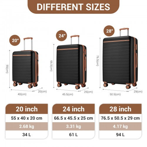 KSK2584 - Kono Scratch-Resistant 3-Piece Hard Shell Luggage Set with Horizontal Stripe Design, Brown Accents & Spinner Wheels - Black and Brown | Neil's Luggage Store