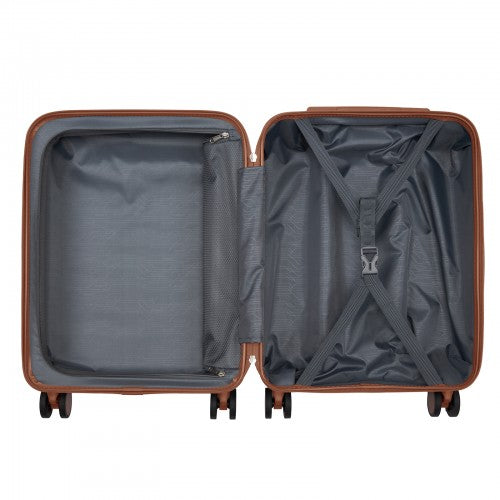 KSK2584 - Kono Scratch-Resistant 20-Inch Hard Shell Cabin Suitcase with Horizontal Stripe Design, Brown Accents & Spinner Wheels - Cream and Brown