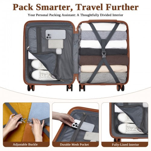 KSK2584 - Kono Scratch-Resistant 20-Inch Hard Shell Cabin Suitcase with Horizontal Stripe Design, Brown Accents & Spinner Wheels - Cream and Brown