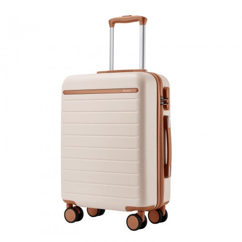 KSK2584 - Kono Scratch-Resistant 20-Inch Hard Shell Cabin Suitcase with Horizontal Stripe Design, Brown Accents & Spinner Wheels - Cream and Brown | Neil's Luggage Store