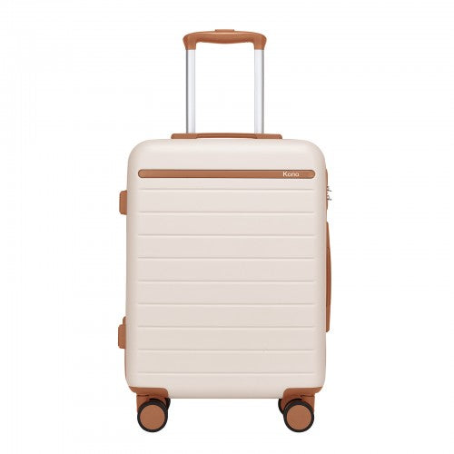 KSK2584 - Kono Scratch-Resistant 20-Inch Hard Shell Cabin Suitcase with Horizontal Stripe Design, Brown Accents & Spinner Wheels - Cream and Brown | Neil's Luggage Store