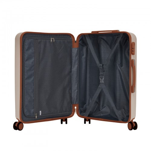 KSK2584 - Kono Scratch-Resistant 24-Inch Hard Shell Medium Check-In Suitcase with Horizontal Stripe Design, Brown Accents & Spinner Wheels - Cream and Brown | Neil's Luggage Store