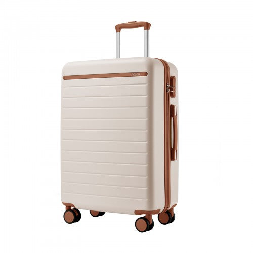 KSK2584 - Kono Scratch-Resistant 24-Inch Hard Shell Medium Check-In Suitcase with Horizontal Stripe Design, Brown Accents & Spinner Wheels - Cream and Brown | Neil's Luggage Store