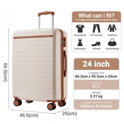 KSK2584 - Kono Scratch-Resistant 24-Inch Hard Shell Medium Check-In Suitcase with Horizontal Stripe Design, Brown Accents & Spinner Wheels - Cream and Brown | Neil's Luggage Store