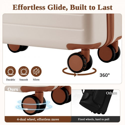 KSK2584 - Kono Scratch-Resistant 24-Inch Hard Shell Medium Check-In Suitcase with Horizontal Stripe Design, Brown Accents & Spinner Wheels - Cream and Brown | Neil's Luggage Store