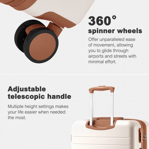 KSK2584 - Kono Scratch-Resistant 24-Inch Hard Shell Medium Check-In Suitcase with Horizontal Stripe Design, Brown Accents & Spinner Wheels - Cream and Brown | Neil's Luggage Store