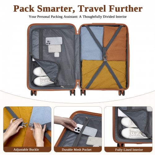 KSK2584 - Kono Scratch-Resistant 24-Inch Hard Shell Medium Check-In Suitcase with Horizontal Stripe Design, Brown Accents & Spinner Wheels - Cream and Brown | Neil's Luggage Store