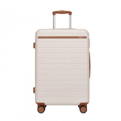 KSK2584 - Kono Scratch-Resistant 24-Inch Hard Shell Medium Check-In Suitcase with Horizontal Stripe Design, Brown Accents & Spinner Wheels - Cream and Brown | Neil's Luggage Store