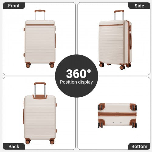 KSK2584 - Kono Scratch-Resistant 28-Inch Large Hard Shell Suitcase with Horizontal Stripe Design, Brown Accents & Spinner Wheels - Cream and Brown