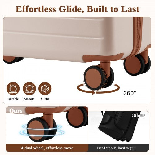 KSK2584 - Kono Scratch-Resistant 28-Inch Large Hard Shell Suitcase with Horizontal Stripe Design, Brown Accents & Spinner Wheels - Cream and Brown