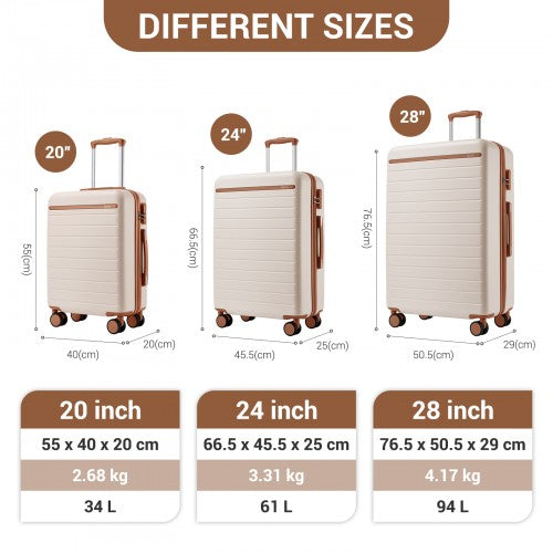 KSK2584 - Kono Scratch-Resistant 3-Piece Hard Shell Luggage Set with Horizontal Stripe Design, Brown Accents & Spinner Wheels - Cream and Brown