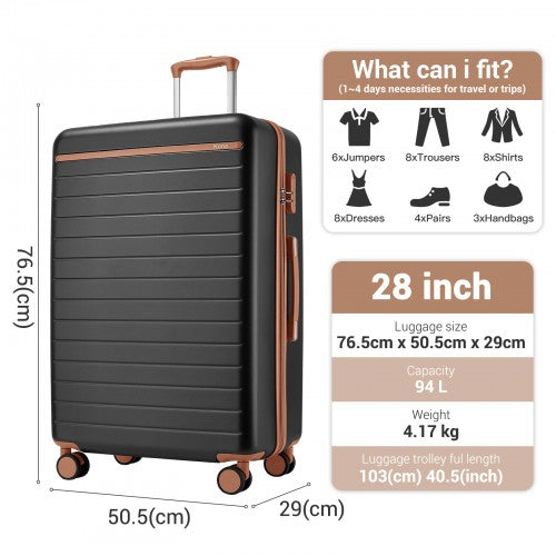 KSK2584 - Kono Scratch-Resistant 28-Inch Large Hard Shell Suitcase with Horizontal Stripe Design, Brown Accents & Spinner Wheels - Grey and Brown | Neil's Luggage Store