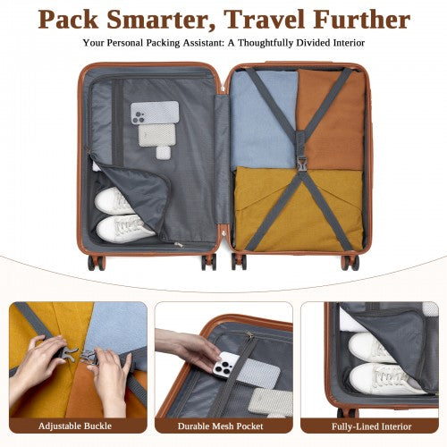 KSK2584 - Kono Scratch-Resistant 28-Inch Large Hard Shell Suitcase with Horizontal Stripe Design, Brown Accents & Spinner Wheels - Grey and Brown | Neil's Luggage Store
