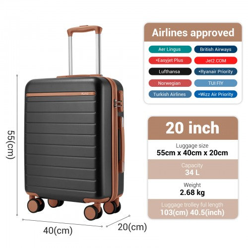 KSK2584 - Kono Scratch-Resistant 20-Inch Hard Shell Cabin Suitcase with Horizontal Stripe Design, Brown Accents & Spinner Wheels - Grey and Brown | Neil's Luggage Store