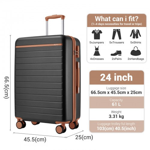 KSK2584 - Kono Scratch-Resistant 24-Inch Hard Shell Medium Check-In Suitcase with Horizontal Stripe Design, Brown Accents & Spinner Wheels - Grey and Brown | Neil's Luggage Store