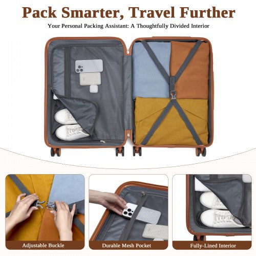 KSK2584 - Kono Scratch-Resistant 24-Inch Hard Shell Medium Check-In Suitcase with Horizontal Stripe Design, Brown Accents & Spinner Wheels - Grey and Brown | Neil's Luggage Store