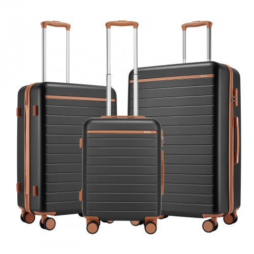 KSK2584 - Kono Scratch-Resistant 3-Piece Hard Shell Luggage Set with Horizontal Stripe Design, Brown Accents & Spinner Wheels - Grey and Brown | Neil's Luggage Store