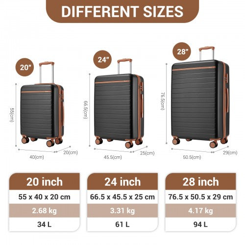 KSK2584 - Kono Scratch-Resistant 3-Piece Hard Shell Luggage Set with Horizontal Stripe Design, Brown Accents & Spinner Wheels - Grey and Brown | Neil's Luggage Store