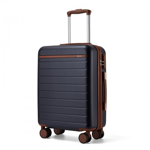 KSK2584 - Kono Scratch-Resistant 20-Inch Hard Shell Cabin Suitcase with Horizontal Stripe Design, Brown Accents & Spinner Wheels - Navy and Brown | Neil's Luggage Store