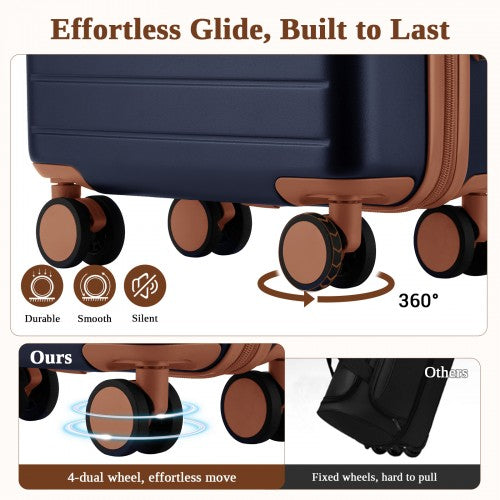 KSK2584 - Kono Scratch-Resistant 20-Inch Hard Shell Cabin Suitcase with Horizontal Stripe Design, Brown Accents & Spinner Wheels - Navy and Brown | Neil's Luggage Store