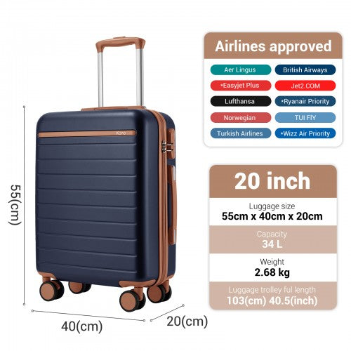 KSK2584 - Kono Scratch-Resistant 20-Inch Hard Shell Cabin Suitcase with Horizontal Stripe Design, Brown Accents & Spinner Wheels - Navy and Brown | Neil's Luggage Store