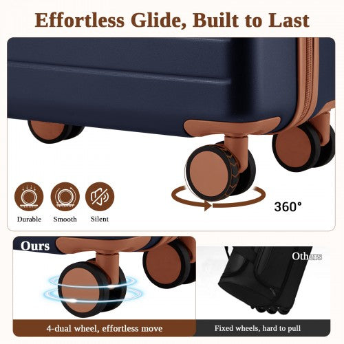 KSK2584 - Kono Scratch-Resistant 24-Inch Hard Shell Medium Check-In Suitcase with Horizontal Stripe Design, Brown Accents & Spinner Wheels - Navy and Brown