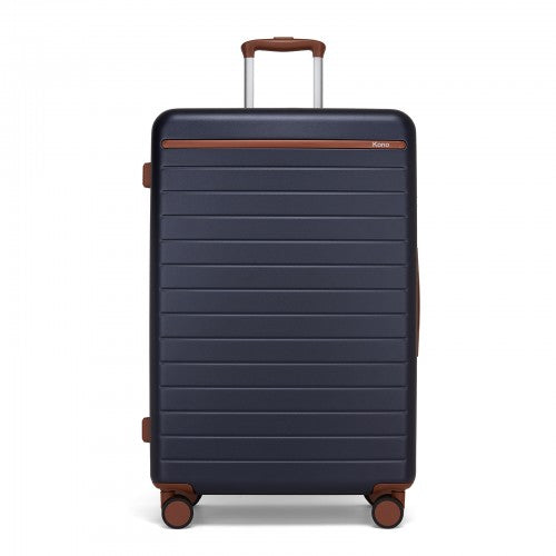 KSK2584 - Kono Scratch-Resistant 28-Inch Large Hard Shell Suitcase with Horizontal Stripe Design, Brown Accents & Spinner Wheels - Navy and Brown | Neil's Luggage Store